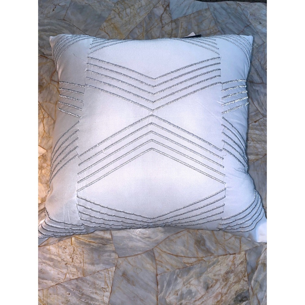 Vince Camuto 18x18 White Silver Geometric Metallic Embroidered Throw Pillow